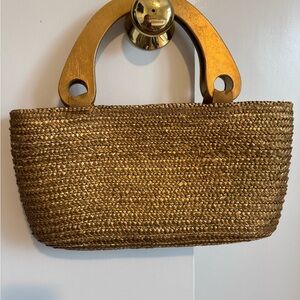 Straw Woven Tote Bag with gold wooden handles